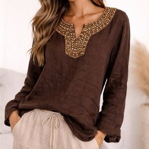 Lafayette 148 brown linen beaded neck line long sleeve plus size 20